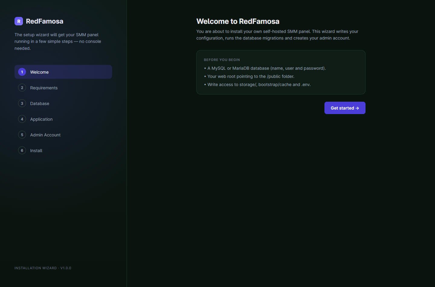 Installer step 1: the welcome screen with the before-you-begin checklist and the Get started button.