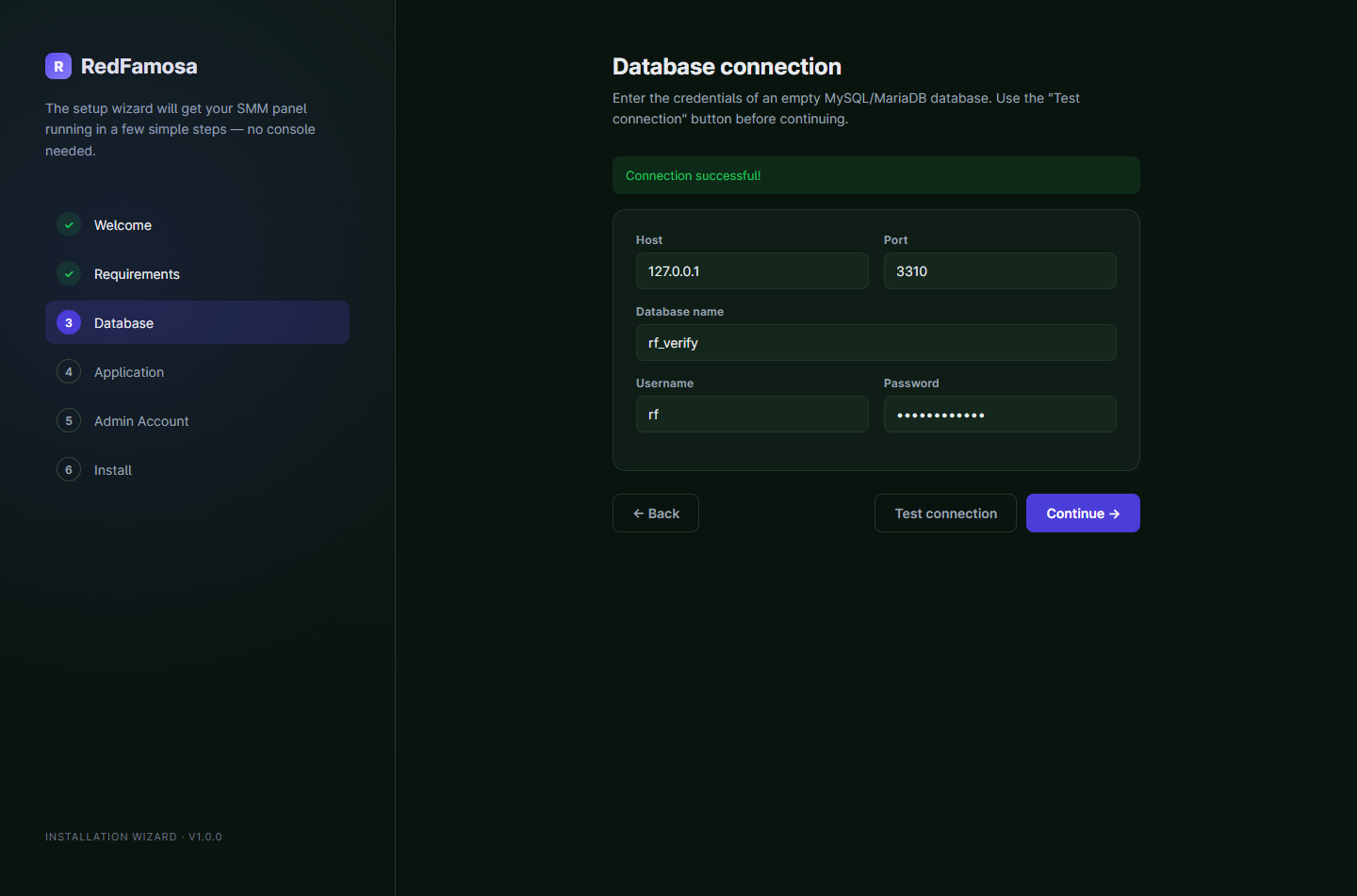 Installer step 3: database connection form with host, port, database name, username and password, showing a successful connection test.