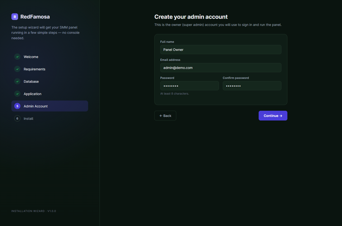 Installer step 5: create the admin account with full name, email, password and confirmation.