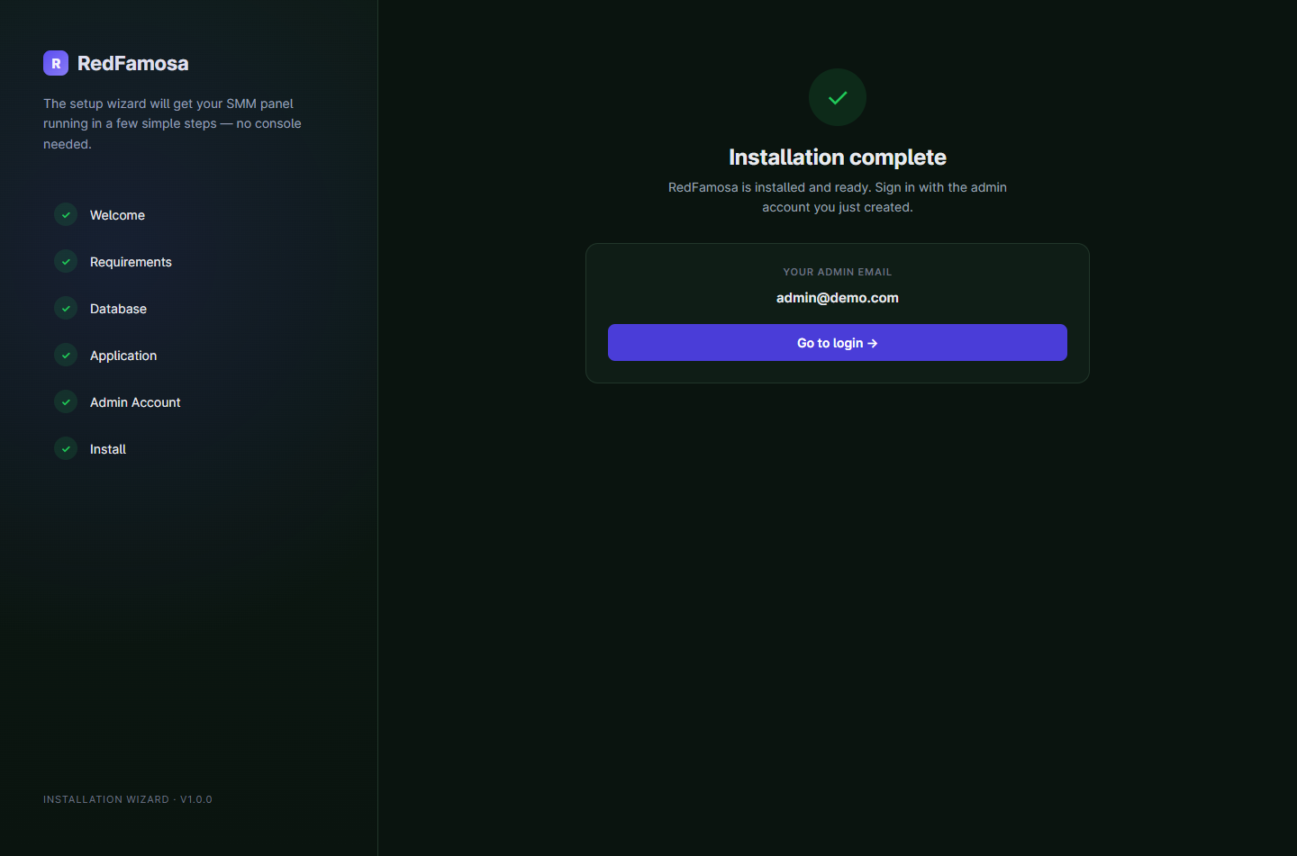 Installation complete screen with a link to the login page.